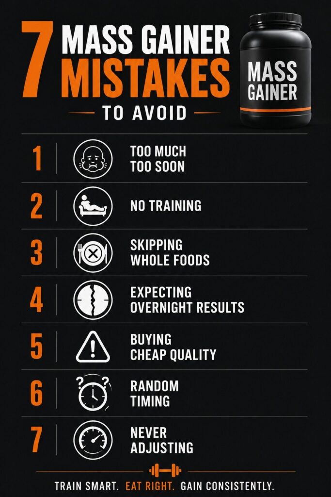 Infographic listing 7 common mass gainer mistakes to avoid — including wrong timing, no training, skipping meals, and buying poor quality.