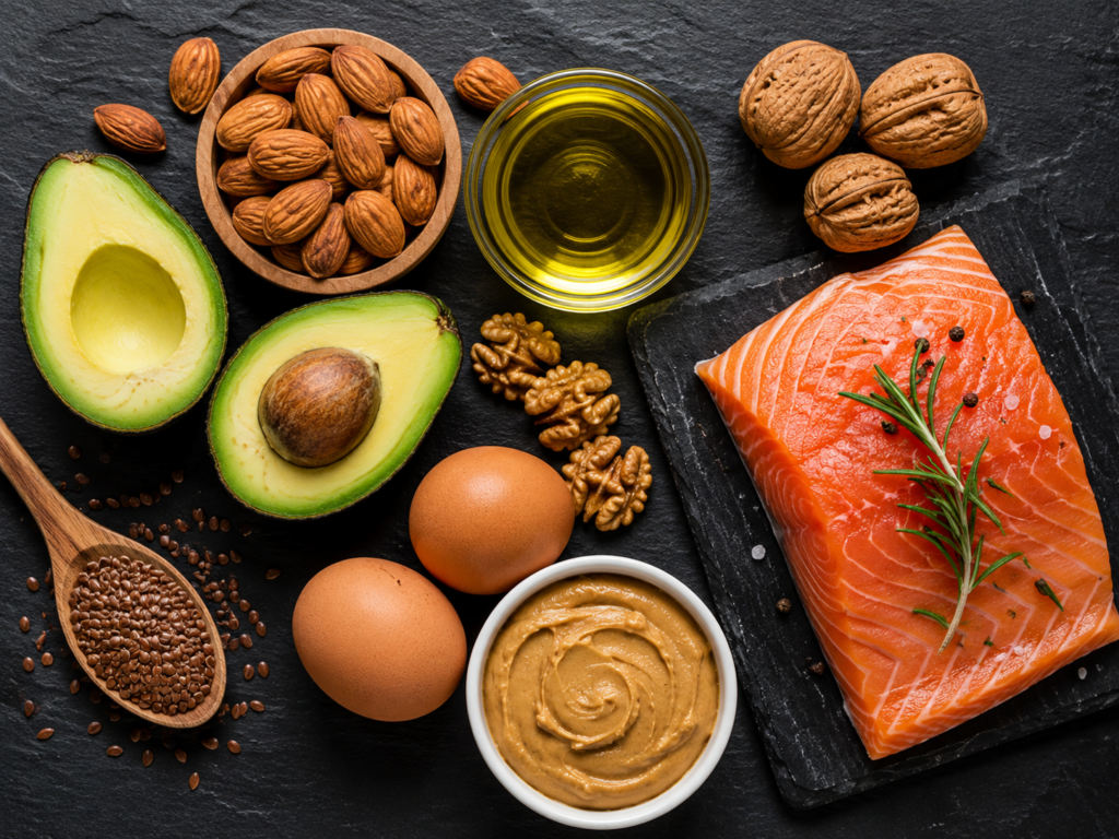 Healthy fats for male gym diet plan including almonds avocado eggs olive oil and flaxseeds.