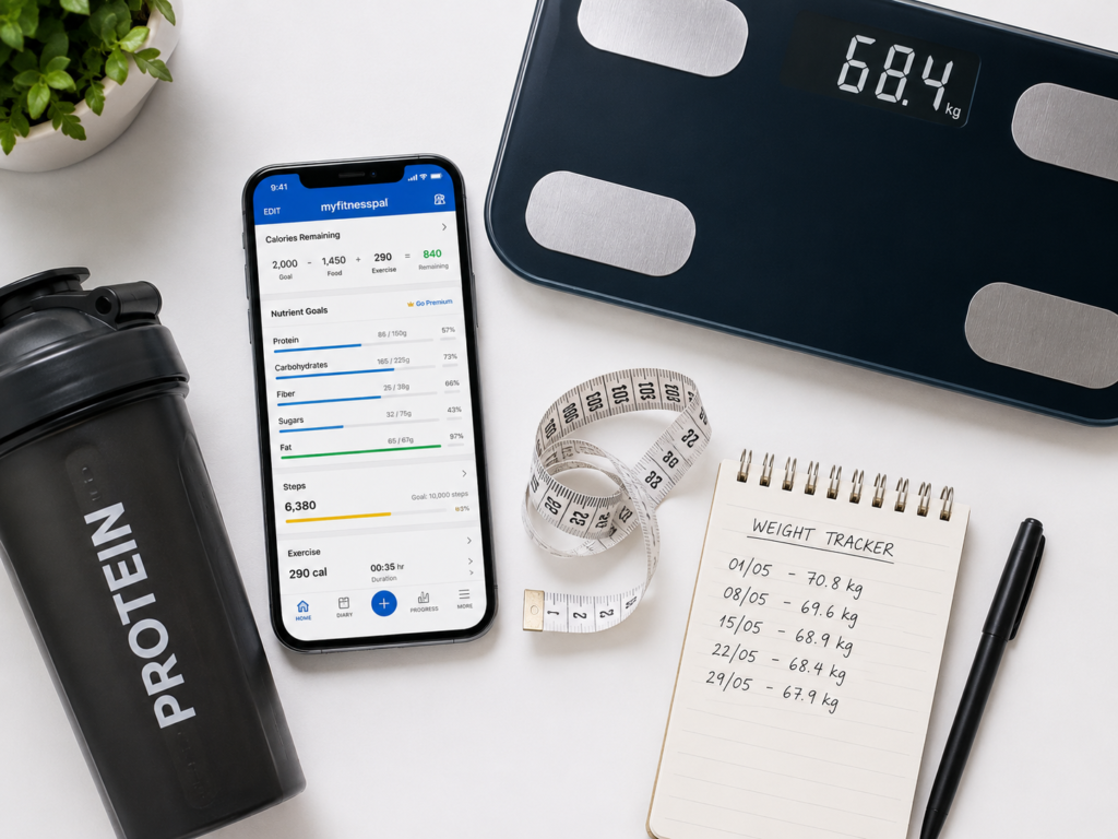 Tracking gym diet plan progress for male weight loss using app scale and progress photos.