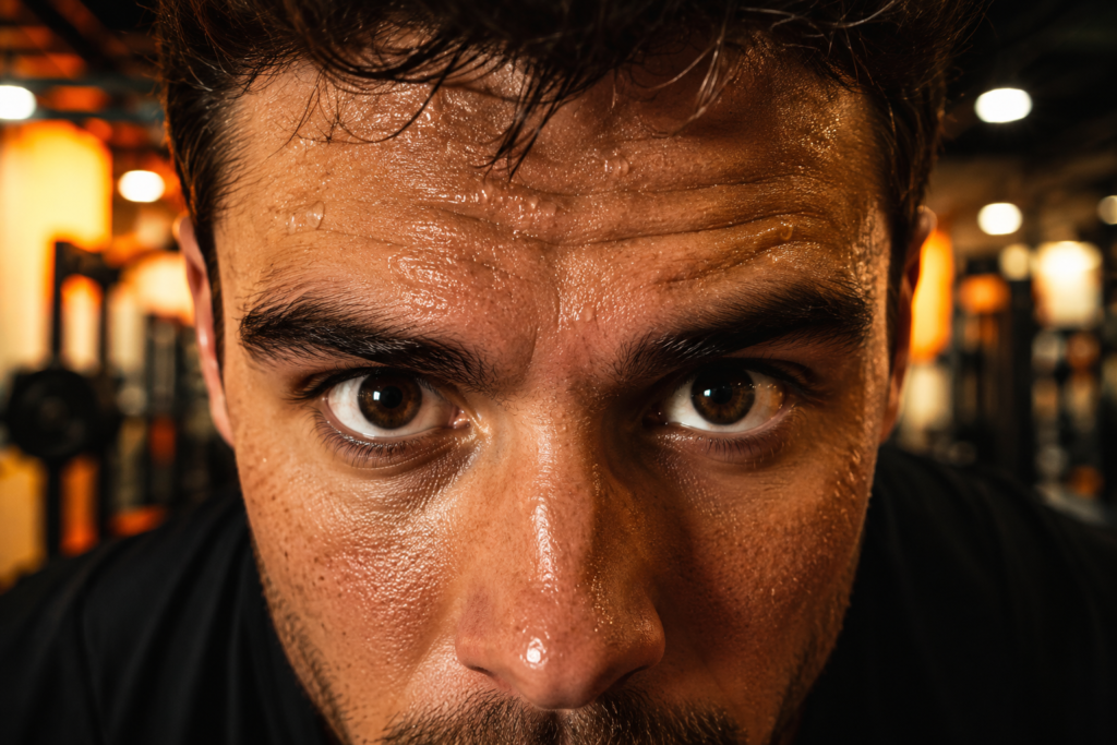 Athlete with intense focused eyes showing energy boost and alertness after taking pre workout supplement before gym training.