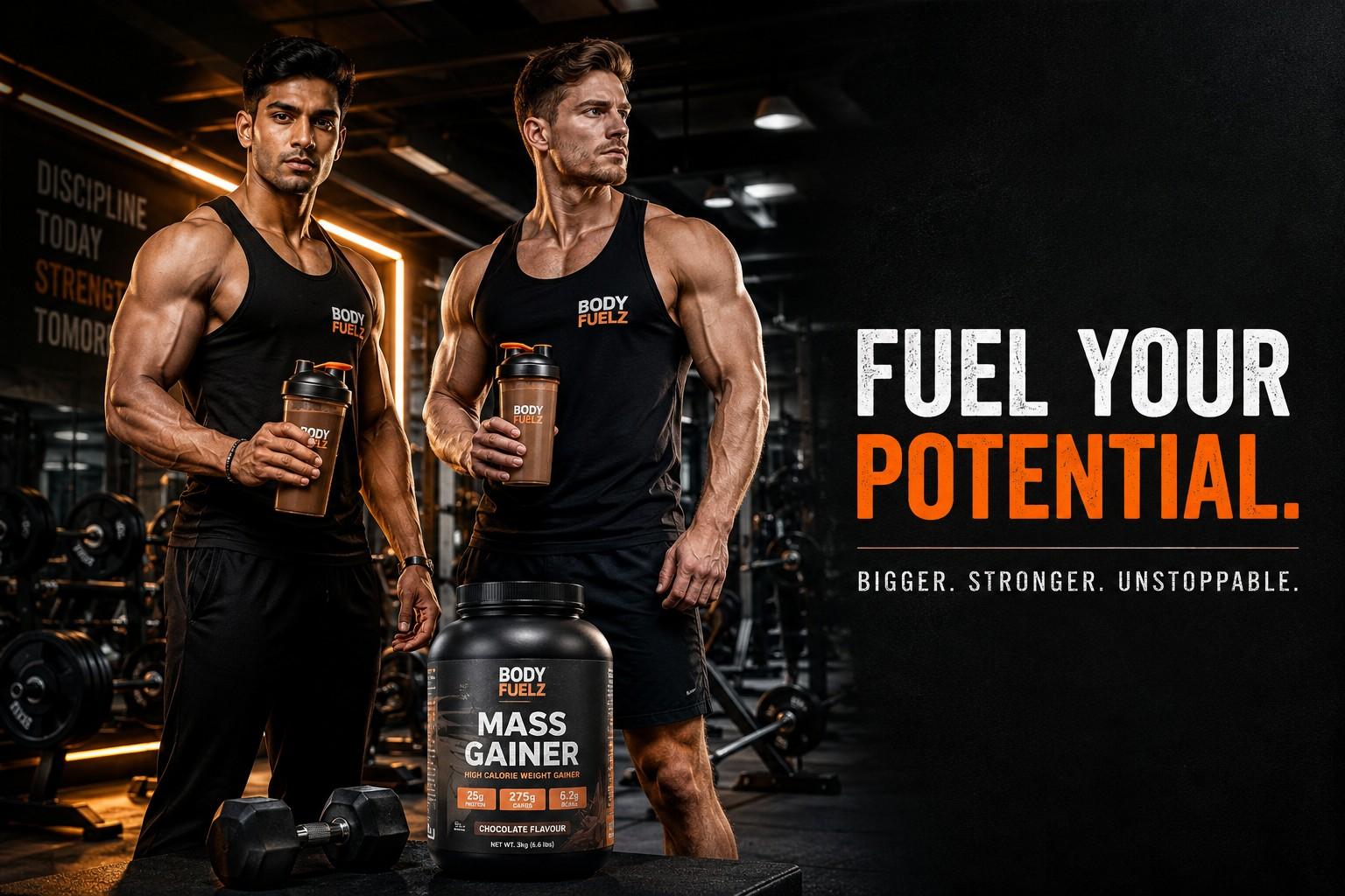 Two gym athletes holding mass gainer shakes in a professional gym setting — how to use mass gainer correctly.