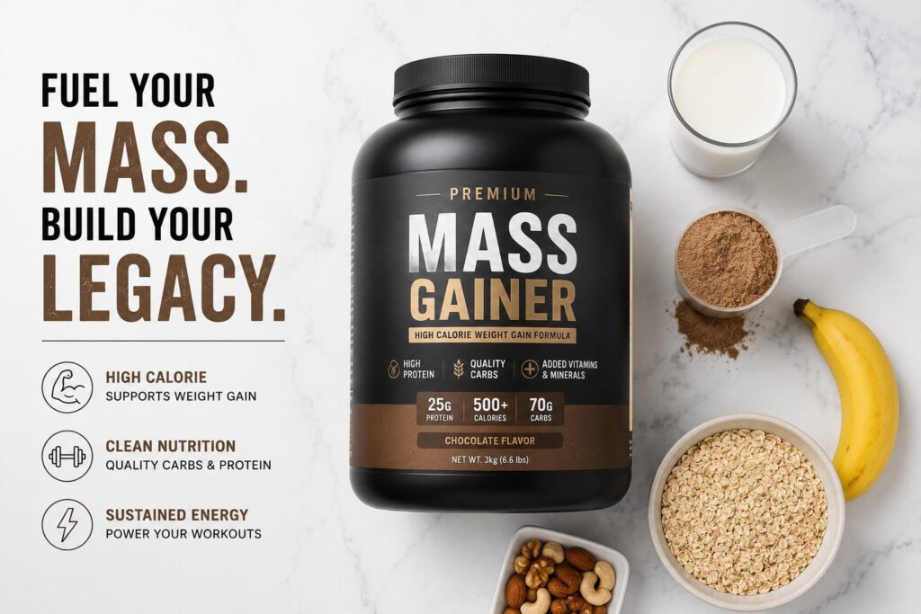 Mass gainer supplement tub surrounded by protein-rich whole foods including milk, oats, banana, and nuts on a white surface.