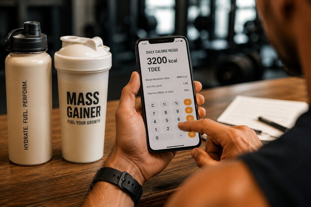Athlete calculating daily calorie needs and TDEE on smartphone before using mass gainer supplement.