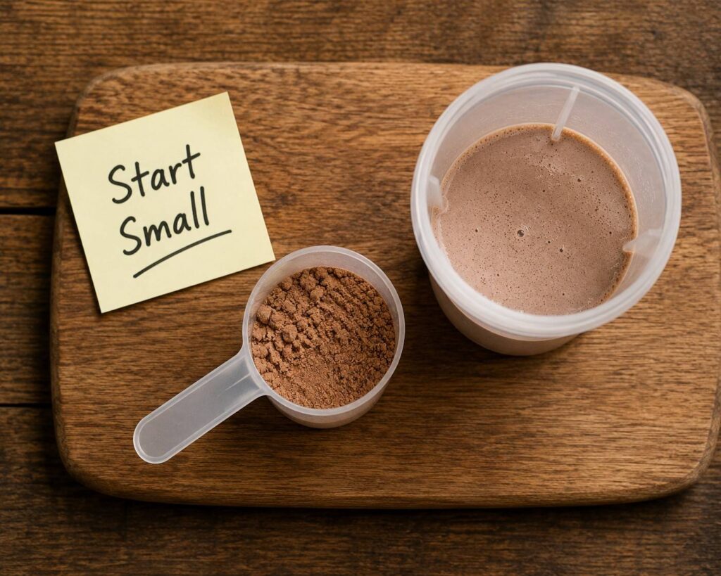 Half-filled scoop of mass gainer powder beside a shaker cup — beginner tip to start with a smaller serving size.