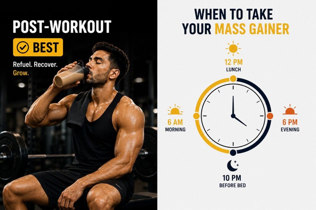 Infographic showing the best times to take mass gainer — post-workout, between meals, pre-workout, and before bed timing guide.