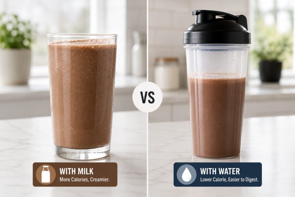 Side-by-side comparison of mass gainer mixed with milk versus water — showing difference in texture and calorie content.