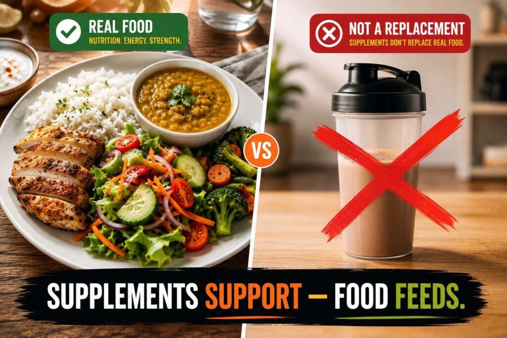 Healthy balanced meal plate compared to a protein shake — mass gainer should supplement meals not replace them.