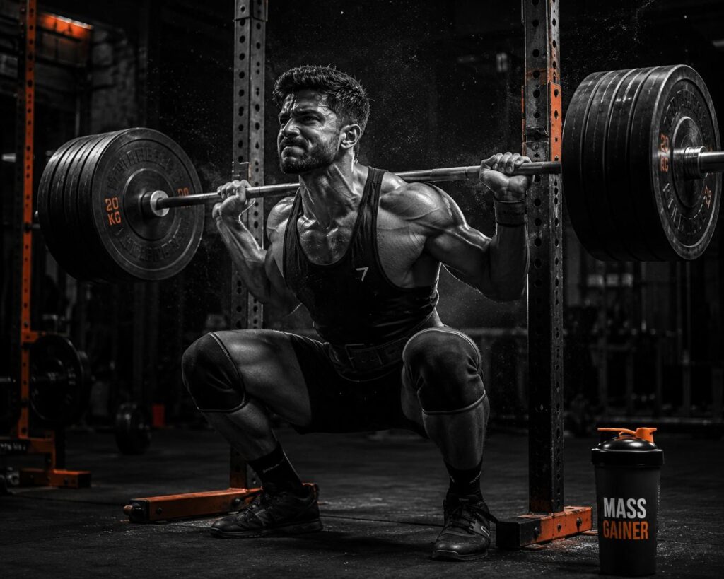 Athlete performing heavy barbell squats in gym — mass gainer works best when paired with strength training and progressive overload.