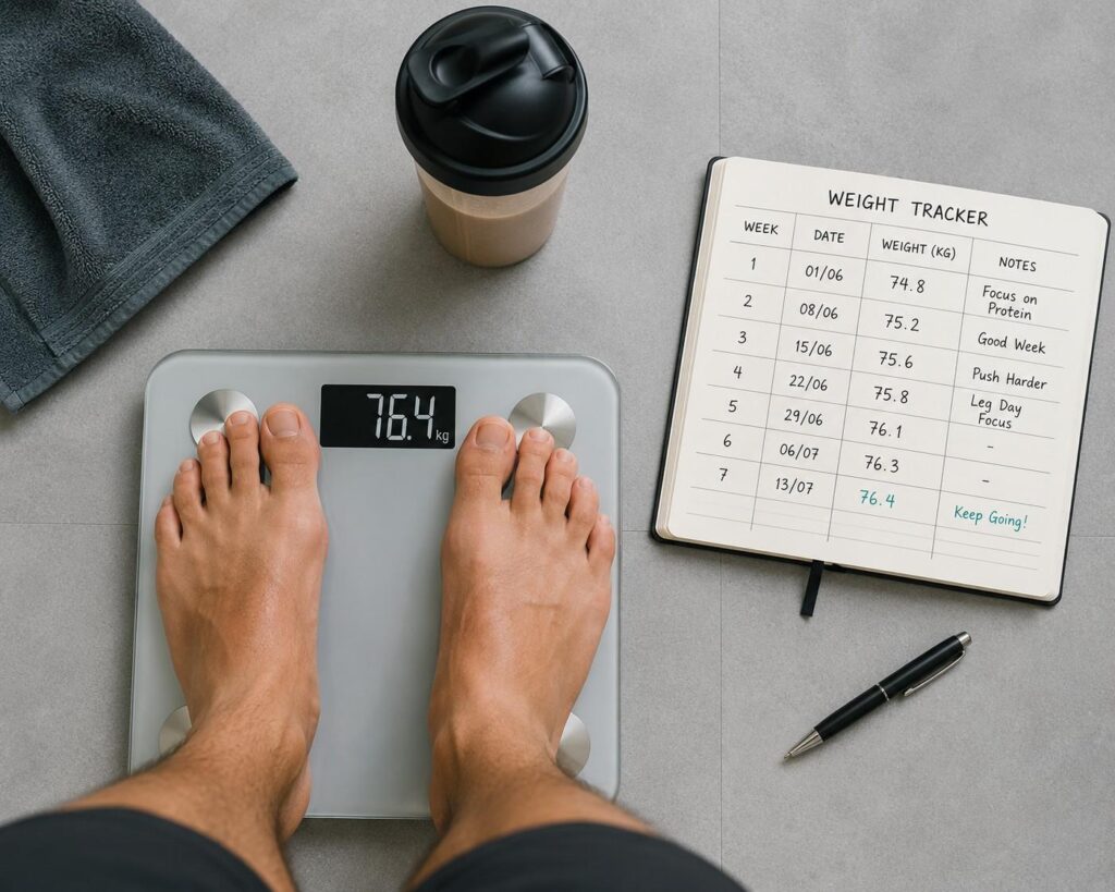 Person standing on weighing scale beside a fitness journal tracking weekly weight progress while using mass gainer.