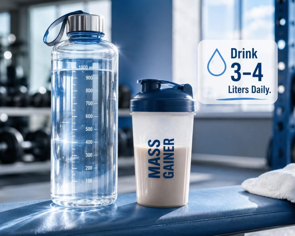 Large water bottle and mass gainer shaker cup on gym bench — hydration is essential when using mass gainer supplements.