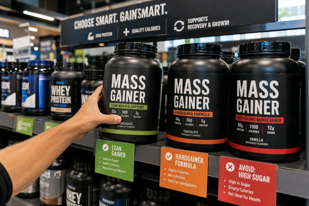 Person choosing the right mass gainer supplement from a store shelf — comparing lean gainer vs hardgainer formula for body type.
