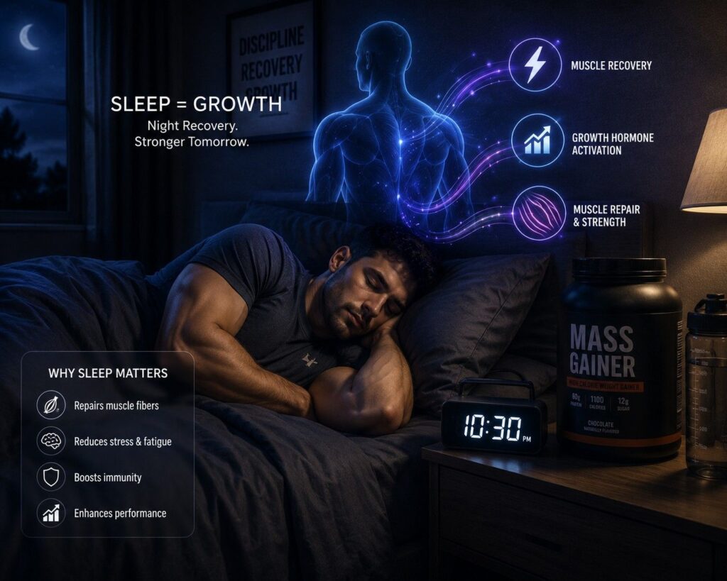 Athlete sleeping for muscle recovery at night — adequate sleep of 7 to 8 hours is essential for mass gainer results.
