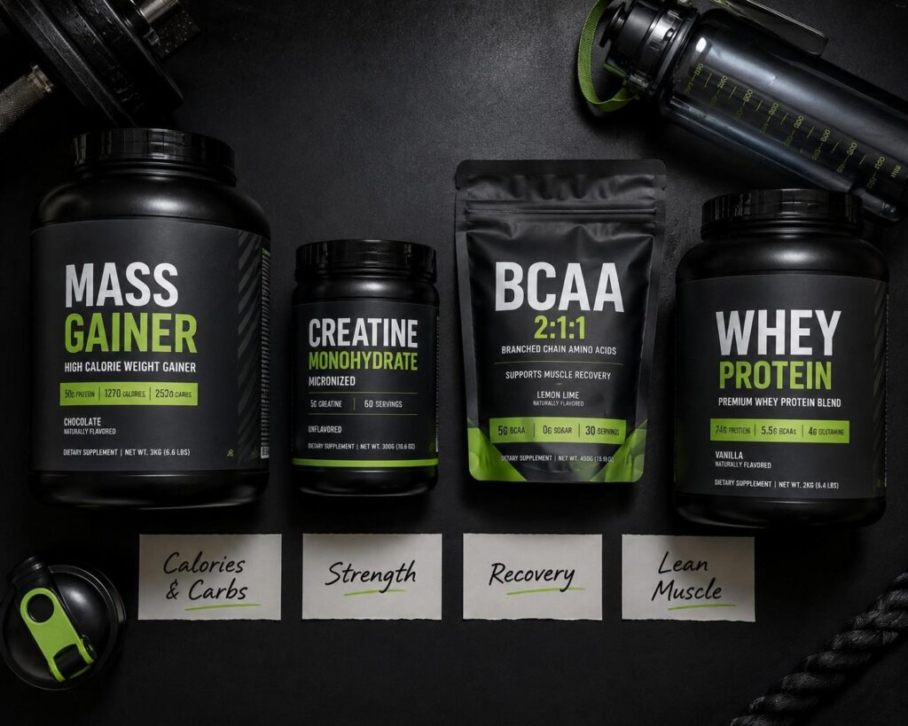 Supplement stack flat-lay including mass gainer, creatine, BCAAs, and whey protein for maximum muscle building results.