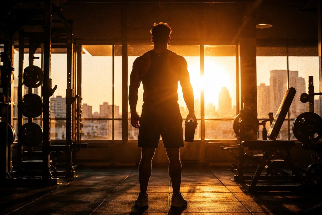Motivated gym athlete holding mass gainer shake standing in a professional gym — achieving muscle building goals through consistency and correct supplement use.