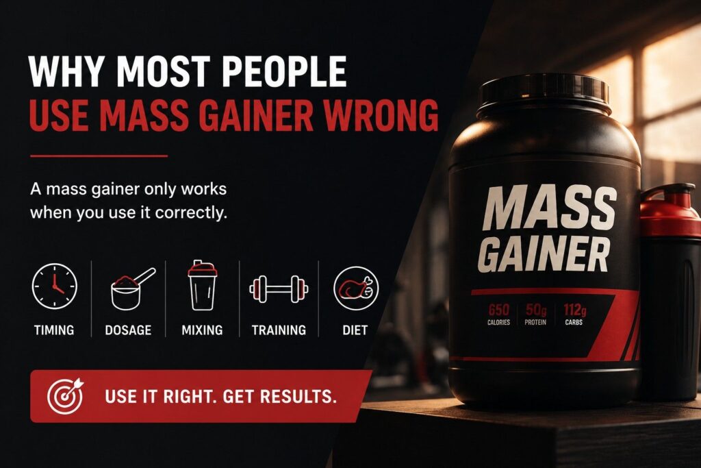 Mass gainer supplement guide with dosage, timing, training, and diet icons.