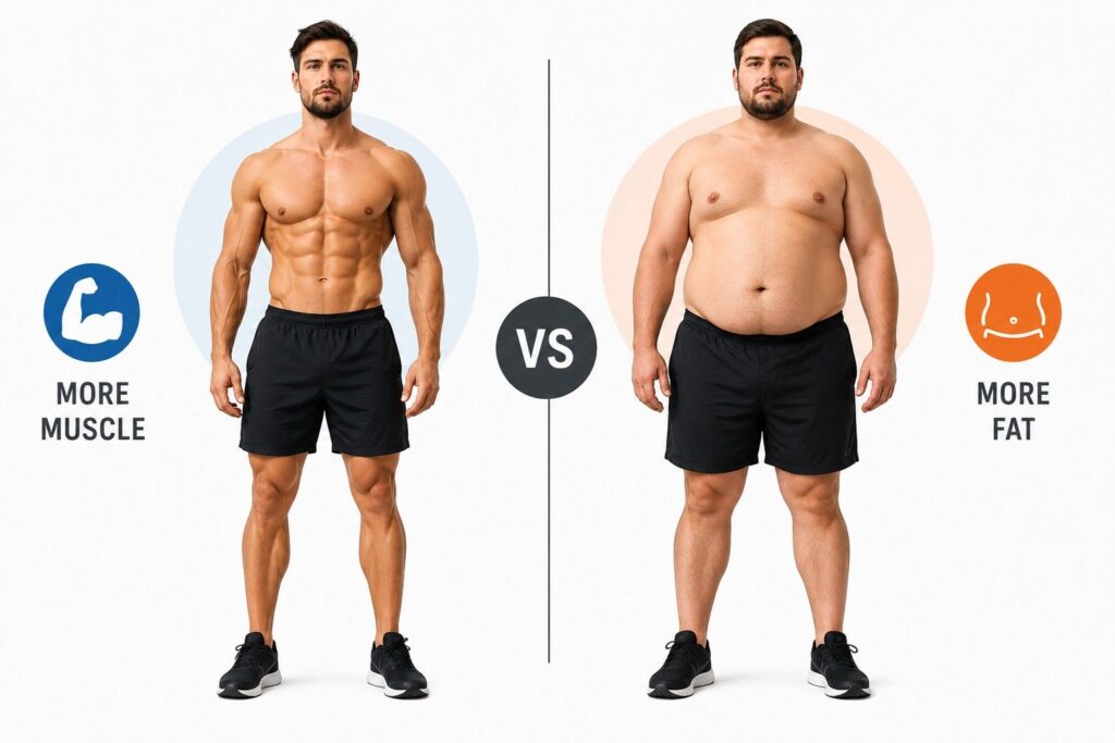Male fat loss diet plan difference showing muscle mass and testosterone advantage for men.