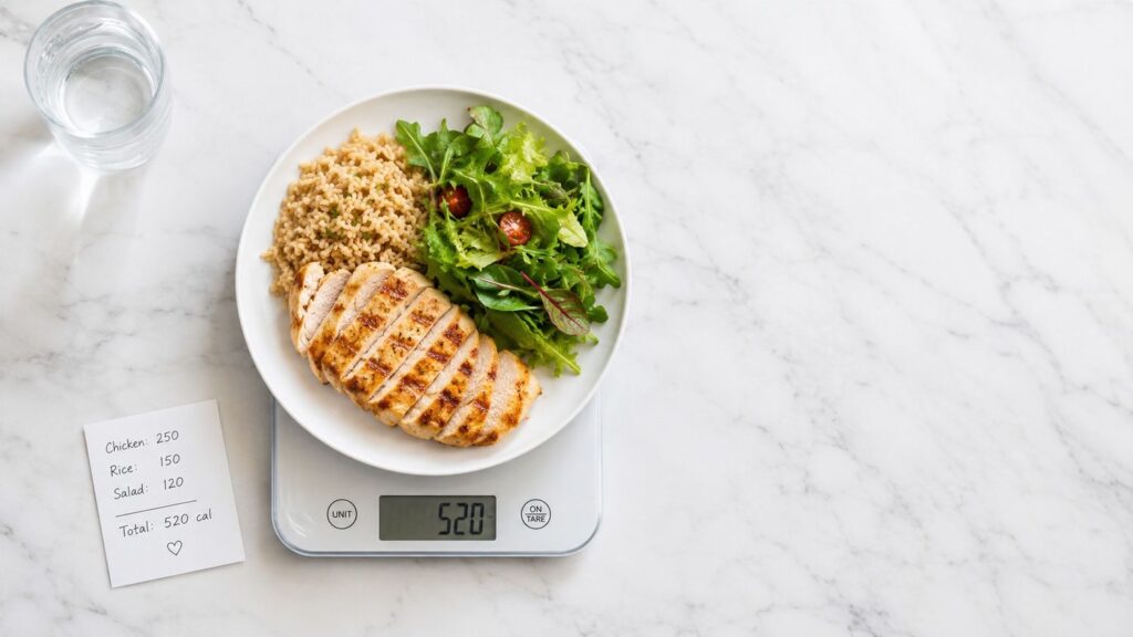 Calorie deficit concept for gym diet plan weight loss male showing food portion and scale.