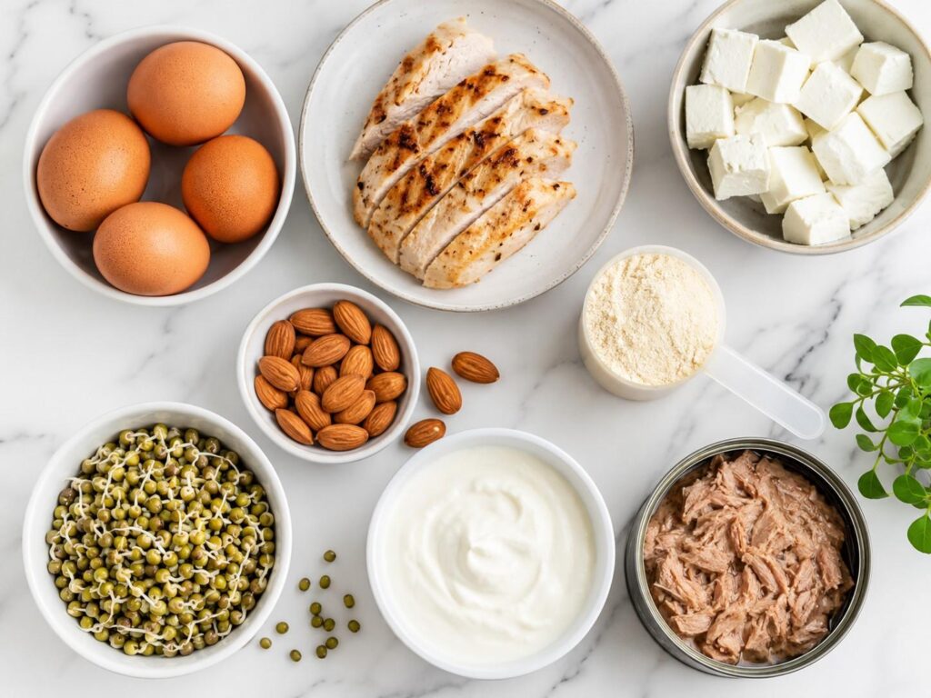 High protein foods for gym diet plan weight loss male including eggs chicken paneer whey protein and lentils..