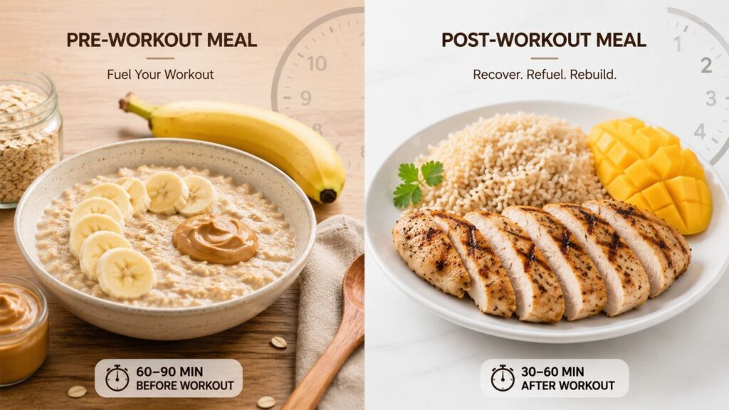 Carb timing for gym diet weight loss male showing pre workout and post workout meal.