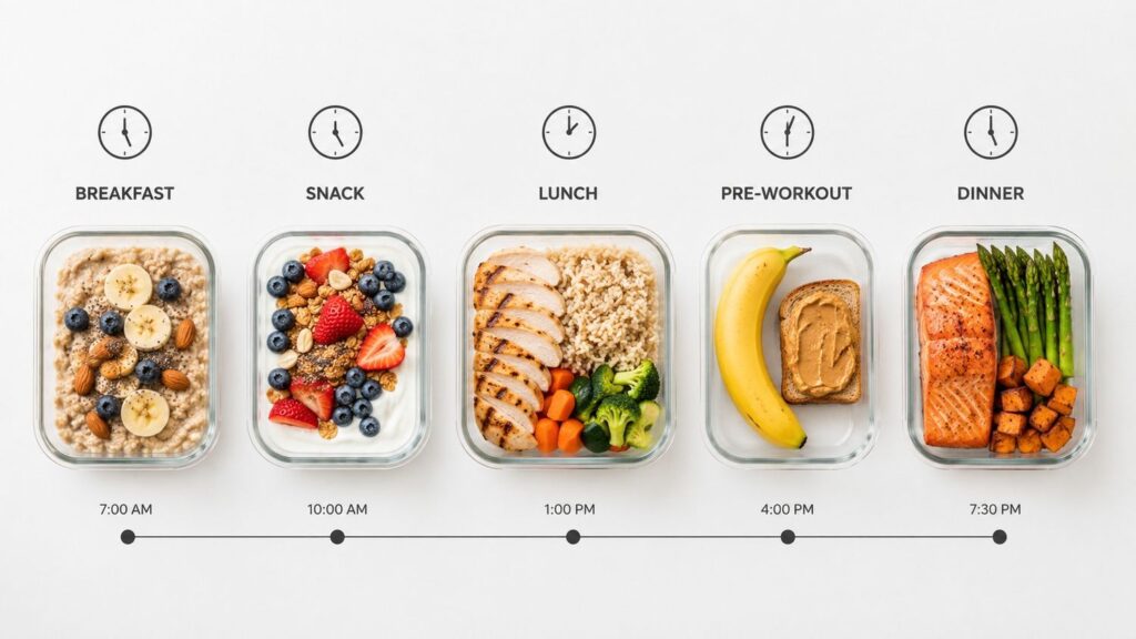 Meal timing schedule for gym diet plan weight loss male showing 5 meals throughout the day.