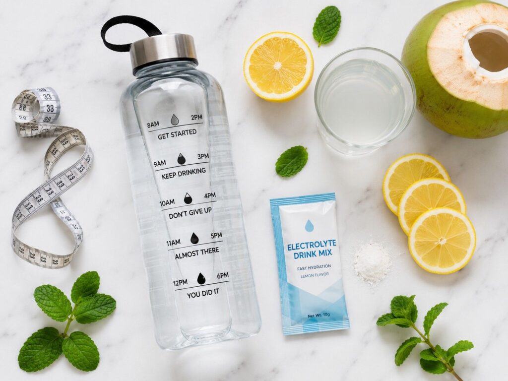  Hydration for gym diet plan weight loss male showing water bottle electrolytes and coconut water.
