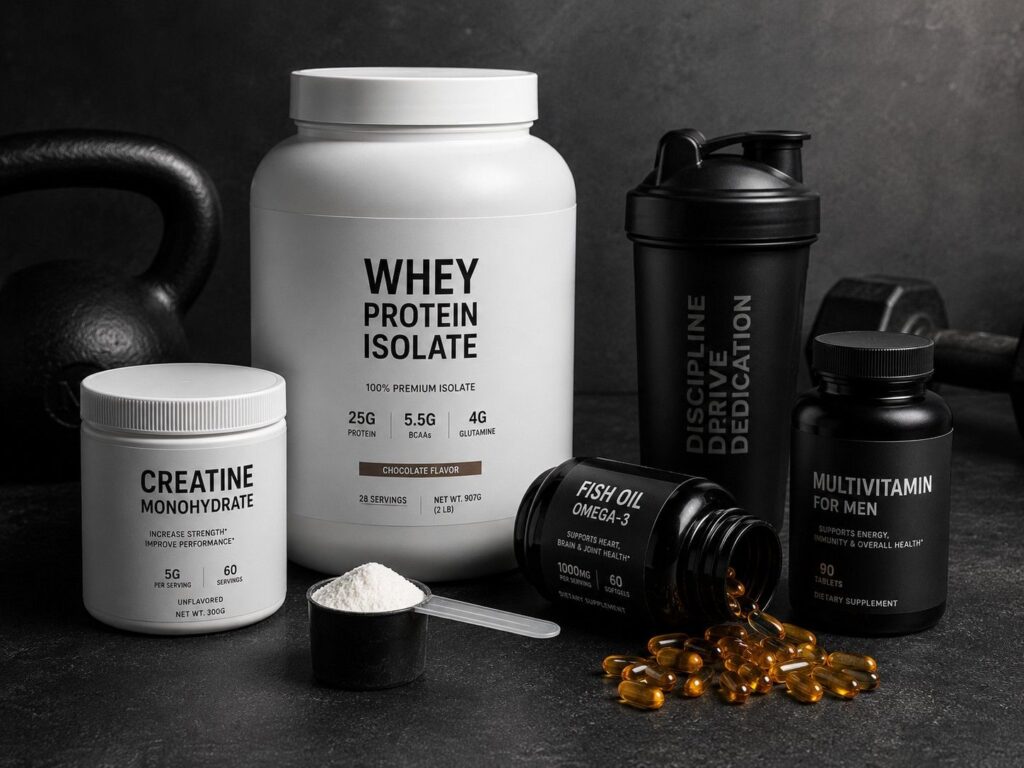 Fat loss supplement stack for men gym including whey protein creatine fish oil pre-workout and multivitamin.