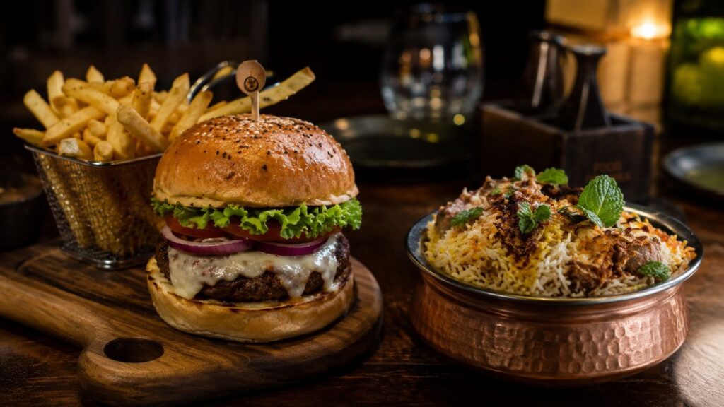 Cheat meal concept for male gym diet plan showing burger and biryani as weekly treat.