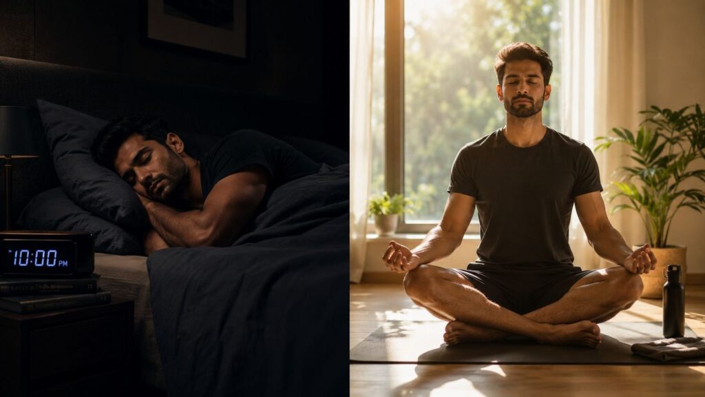 Sleep and stress management for male gym diet plan fat loss showing man sleeping and meditating.
