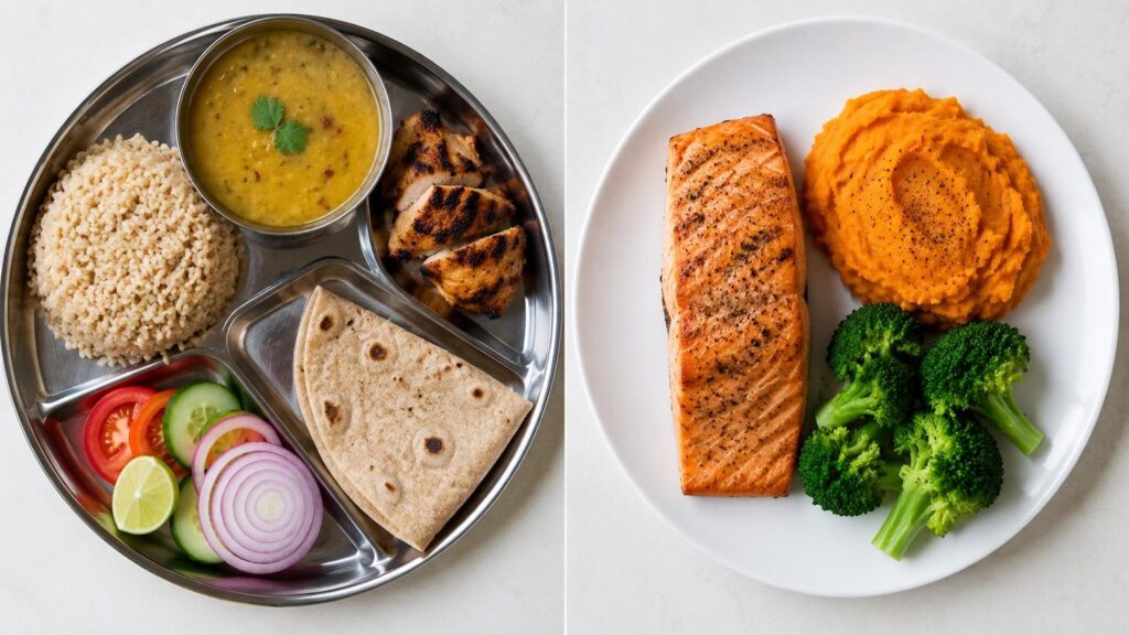 India and USA gym diet meal plan comparison for male weight loss showing Indian and American food side by side.