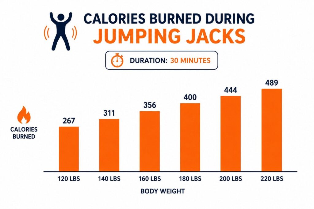  Jumping jacks calories burned by body weight chart – how many reps needed to burn 1000 calories.