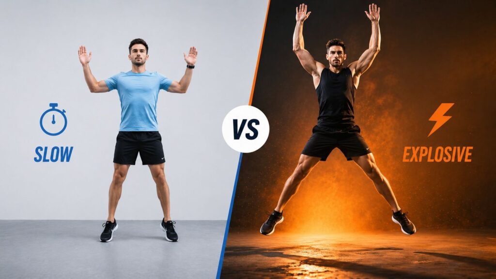 Slow pace vs high intensity jumping jacks calorie burn comparison – increase reps to burn 1000 calories faster.
