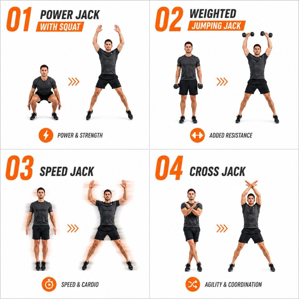 Jumping jack variations to burn 1000 calories faster – power jack, weighted jack, speed jack, cross jack.