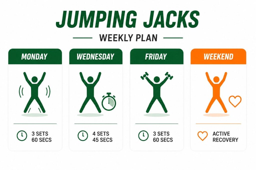 Weekly jumping jacks workout plan to burn 1000 calories – structured 4-day cardio schedule.