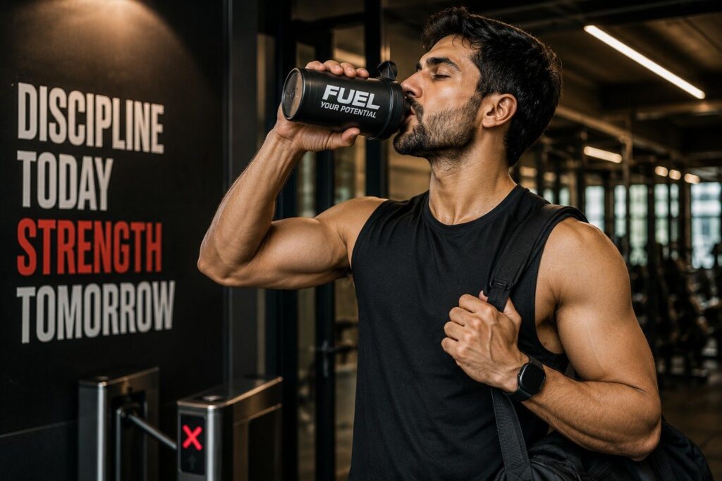 man drinking pre workout before gym workout