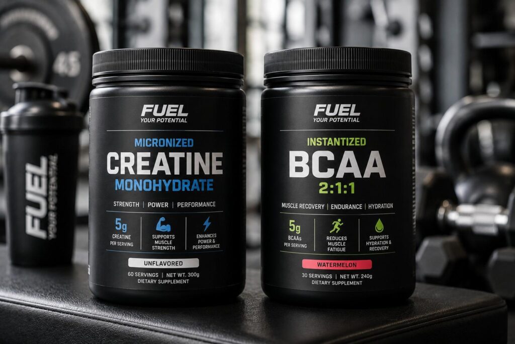 Creatine and BCAA supplement on gym bench