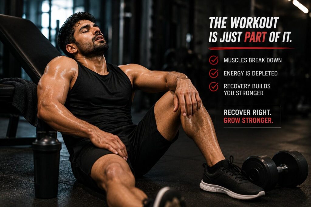 Exhausted athlete resting after intense gym workout session