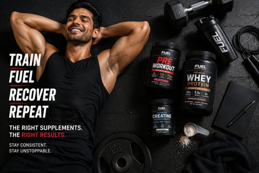 Fit athlete with pre workout whey protein and creatine supplements flat lay