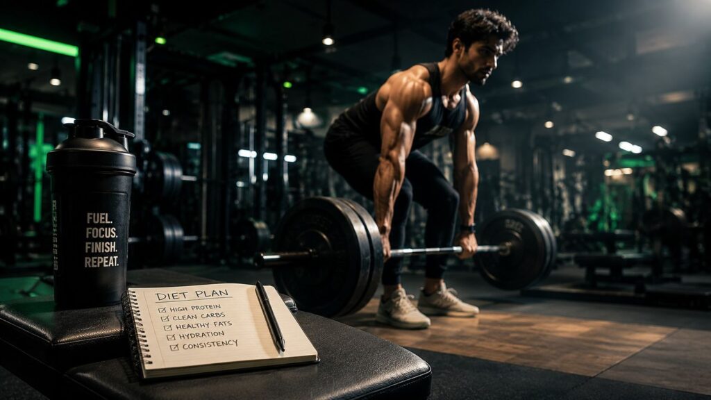 “Fitness athlete training with deadlift exercise beside shaker bottle and diet plan notebook”