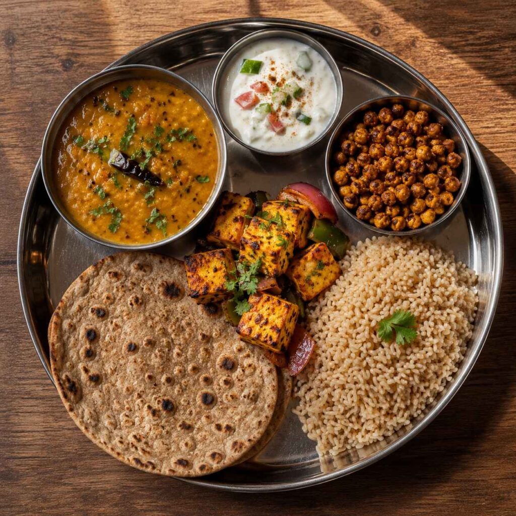 “Indian high-protein gym meal with dal, paneer tikka, roti, rice and raita”
