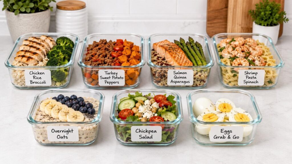 Healthy meal prep containers with grilled chicken rice and broccoli on kitchen counter