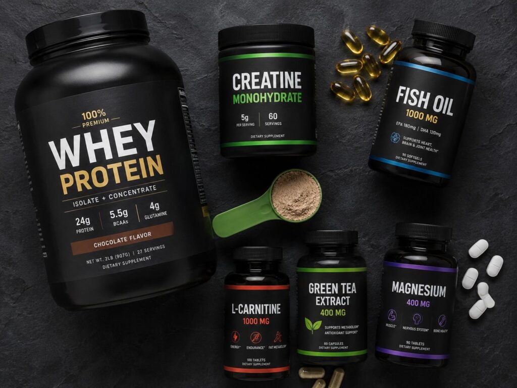 Gym nutrition supplement arrangement with protein powder, capsules, and tablets in a dark aesthetic setup
