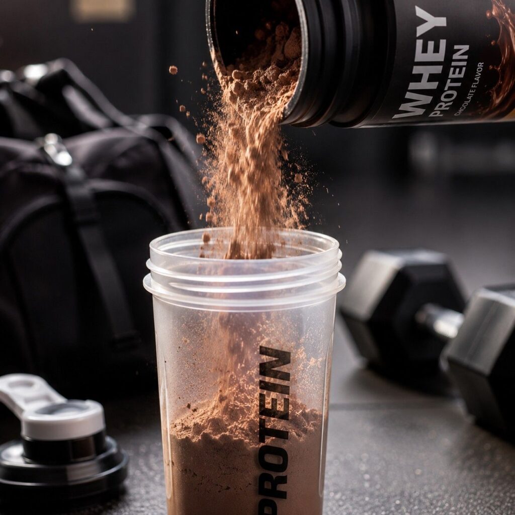 "Gym supplement powder pouring with dumbbells in background"