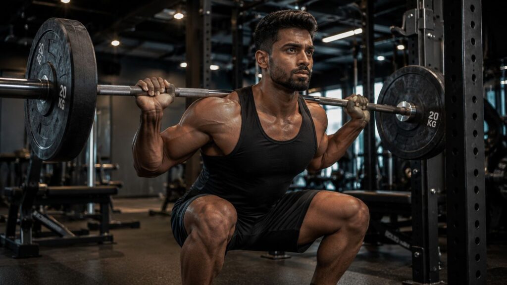 Muscular male athlete doing strength training squat exercise with focused expression