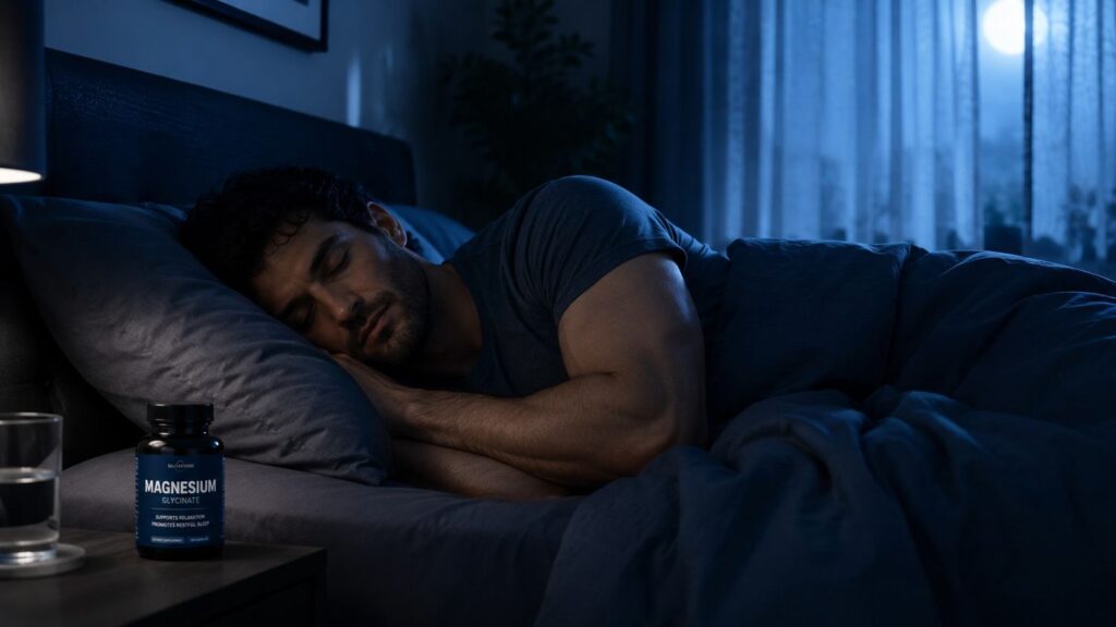 “Fit man sleeping peacefully in dark bedroom with magnesium supplement”