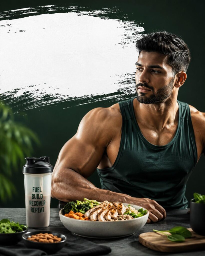 Athletic man promoting healthy eating and protein supplements in Instagram cover style