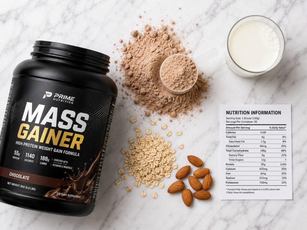 "Mass gainer supplement ingredients including protein powder, oats, and milk for skinny guys"