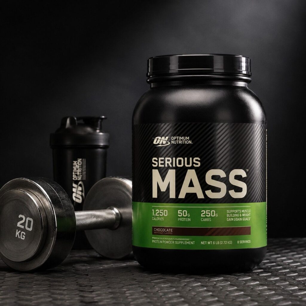 "Optimum Nutrition Serious Mass weight gainer supplement tub for skinny guys"