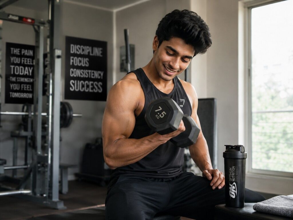 "Best mass gainer for skinny guys in India – young Indian man doing dumbbell curl"