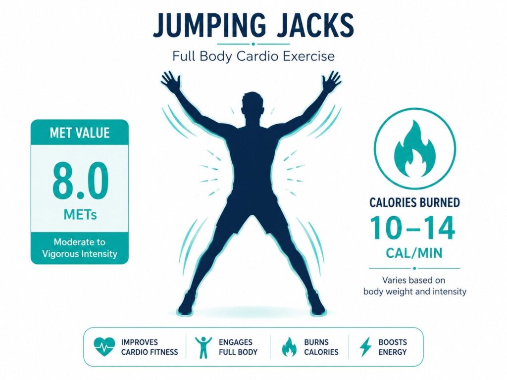 "MET formula infographic showing how jumping jacks burn calories per minute"