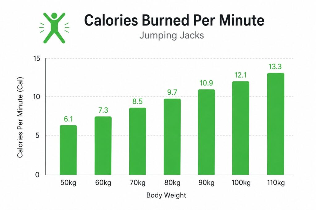 "Bar chart showing jumping jacks calorie burn at different body weights from 50kg to 110kg"